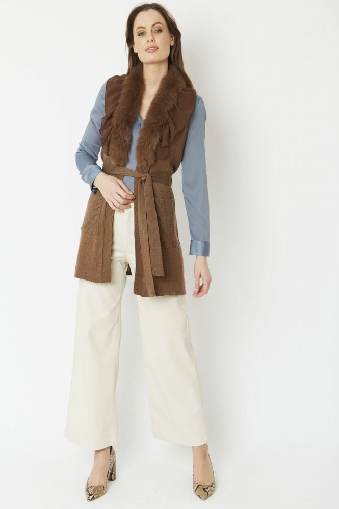JAYLEY Mocha Cashmere Gilet With Fox Fur Feature Collar