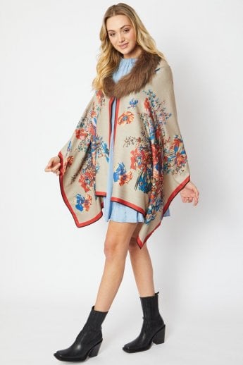 Mocha Cashmere Wrap with Fox Fur Collar