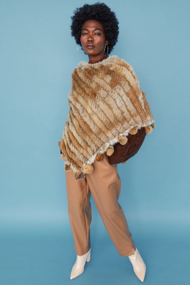 JAYLEY Mocha Coney Fur Poncho with Pom Poms