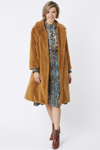 Mocha Faux Fur Midi Shaved Shearling Coat