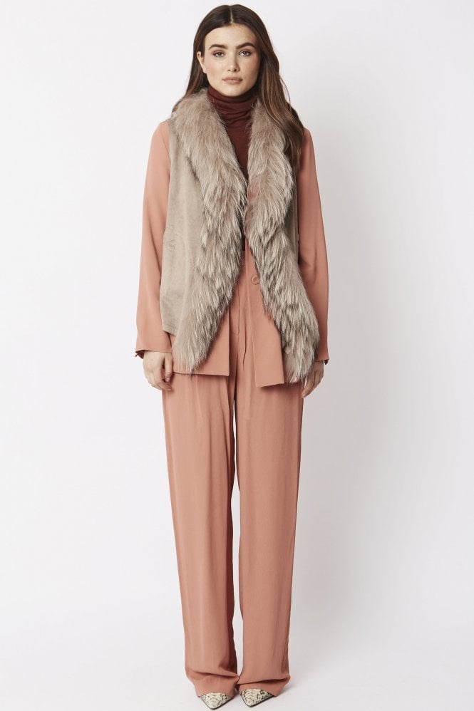 JAYLEY Mocha Faux Suede and Fox Fur Gilet