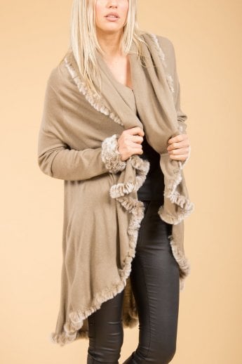 Mocha Fine Knit Sleeved Cape Jacket with Coney Fur Trim