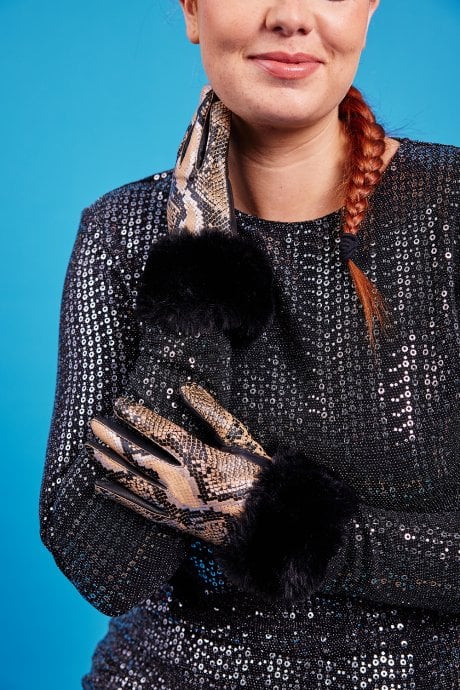 Mocha Leather Snake Print Effect Gloves with Faux Fur Cuff