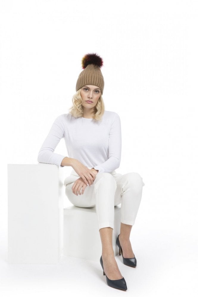 JAYLEY Mocha Silk and Cashmere Fox Fur Pom Pom Hat