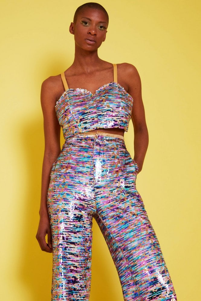 JAYLEY Multi-Coloured Geometric Sequin Crop Top