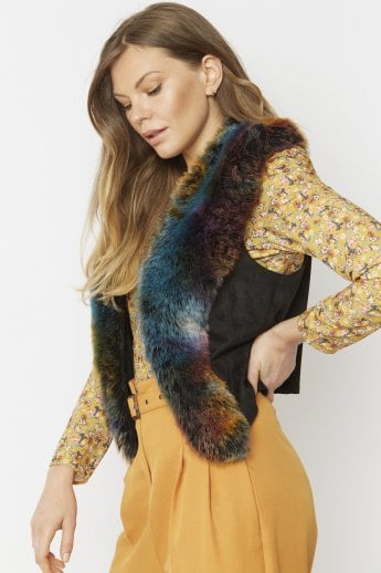 Multi Faux Suede Gilet | Waistcoat with Faux Fur Collar