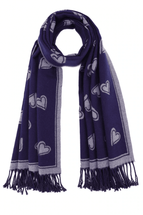 Navy and grey Love Hearts Tassel Reversible Cashmere Blend Scarf