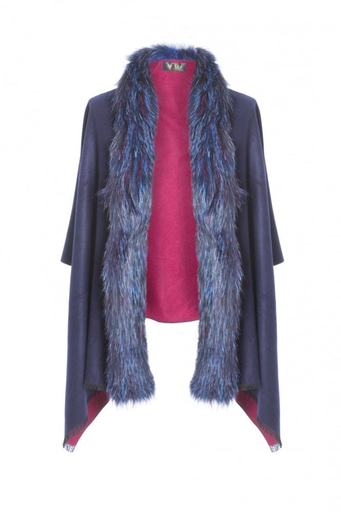 JAYLEY Navy Cashmere and Silk with Fur Wrap