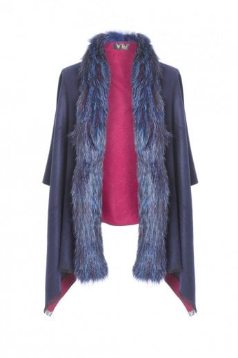 Navy Cashmere and Silk with Fur Wrap