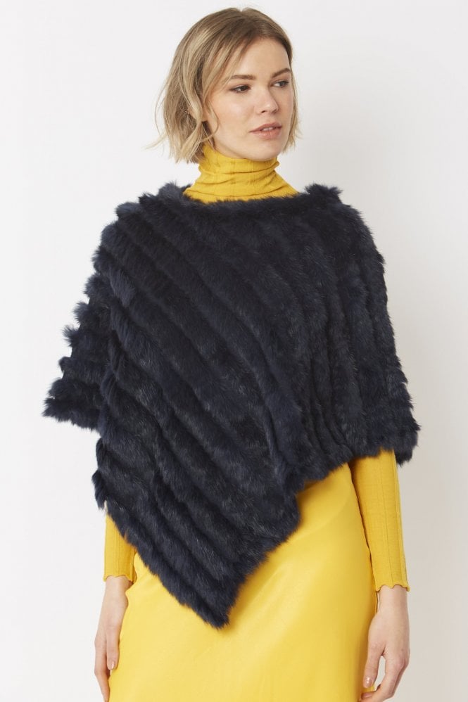 JAYLEY Navy Cashmere Blend Coney Fur Poncho
