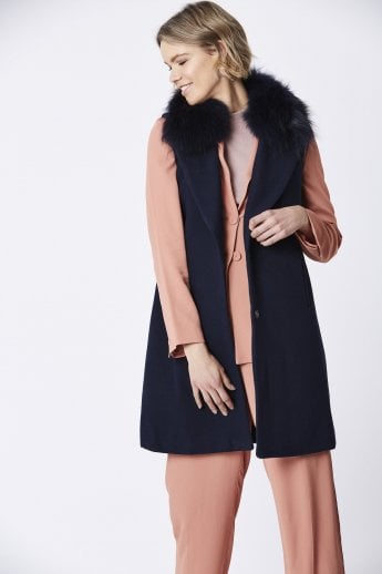 Navy Cashmere Blend Fox Fur Long Gilet