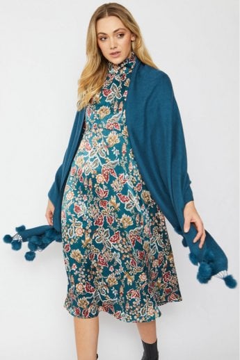 Navy Cashmere Shawl with Poms