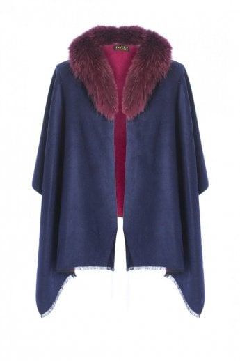 Navy Cashmere Wrap with Fox Fur Collar