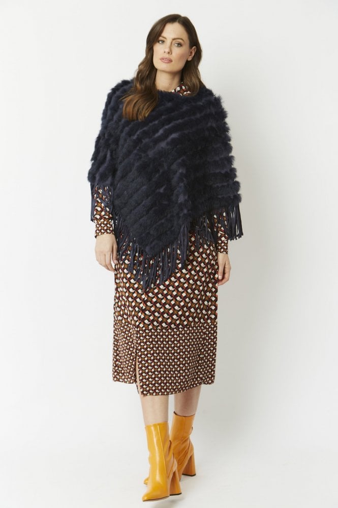 JAYLEY Navy Coney Fur and Faux Suede Poncho