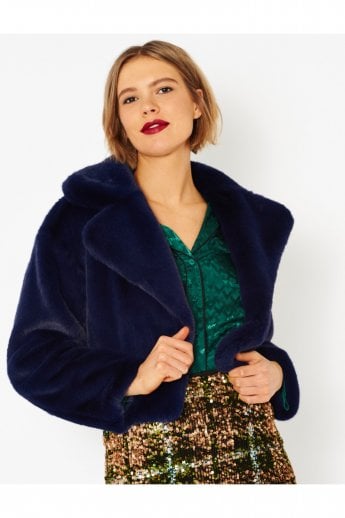 Navy Faux Fur Cropped Coat