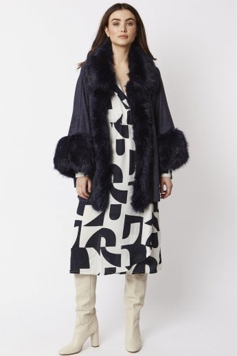 Navy Faux Fur Faux Suede Cape