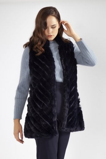 Navy Faux Fur Faux Suede Diagonal Striped Long Gilet | Waistcoat