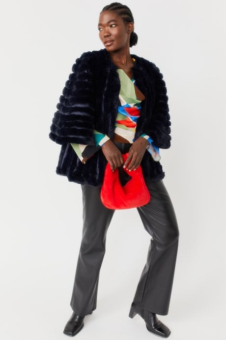 Navy Faux Fur Striped Coat