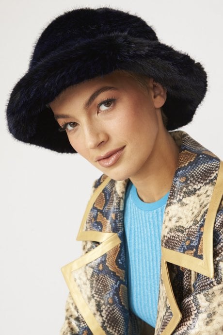 Navy Faux Mink Bamboo Bucket Hat
