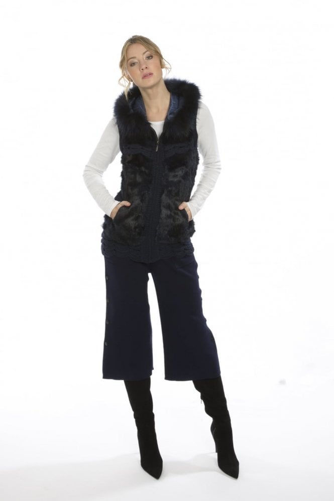 JAYLEY Navy Fox and Coney Fur Hooded Gilet
