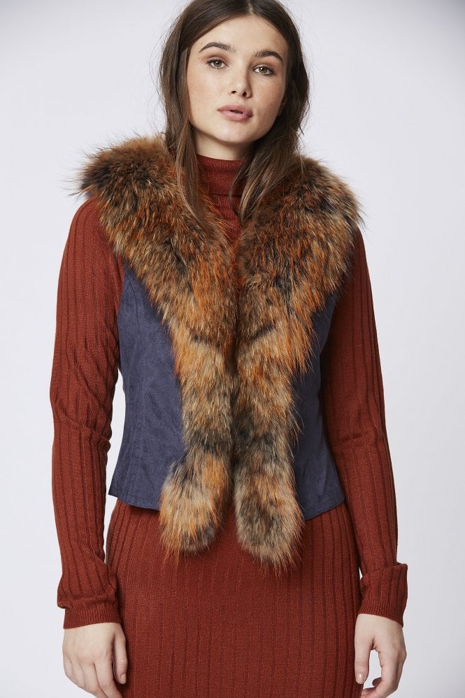 JAYLEY Navy Fox Fur Faux Suede Gilet