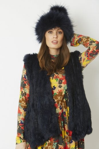 Navy Fox Fur Pom Pom Hat