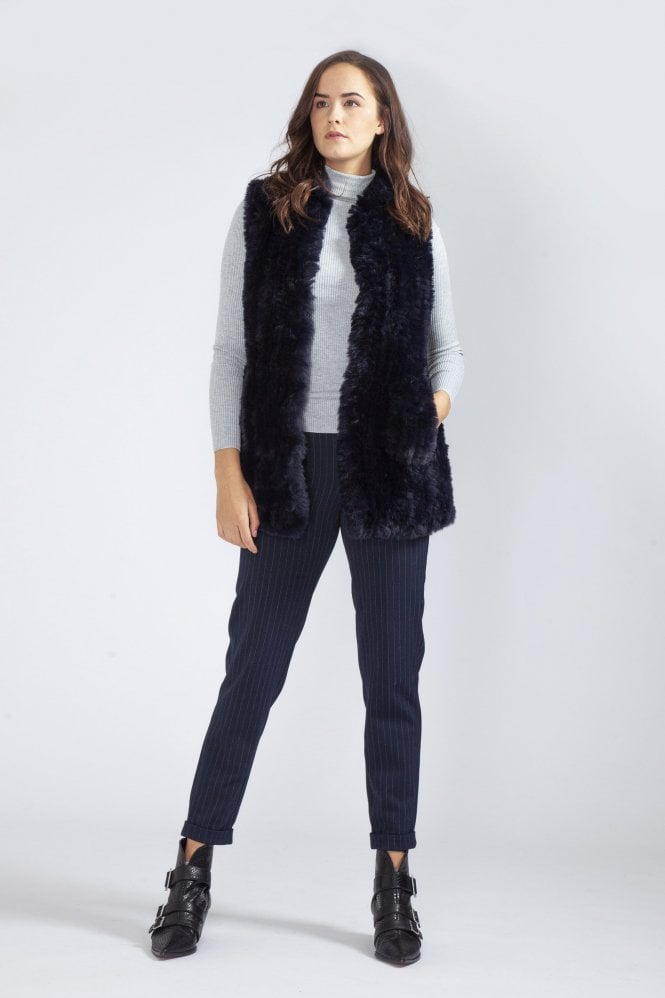 JAYLEY Navy Hand Knitted Faux Fur Gilet | Waistcoat