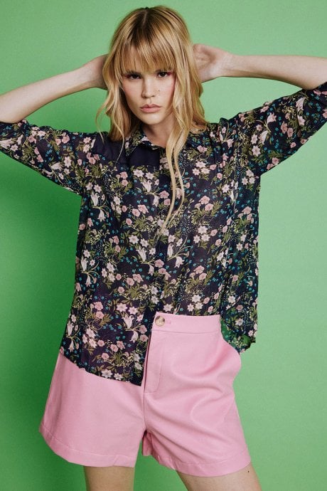 Navy Silk Blend Floral Shirt