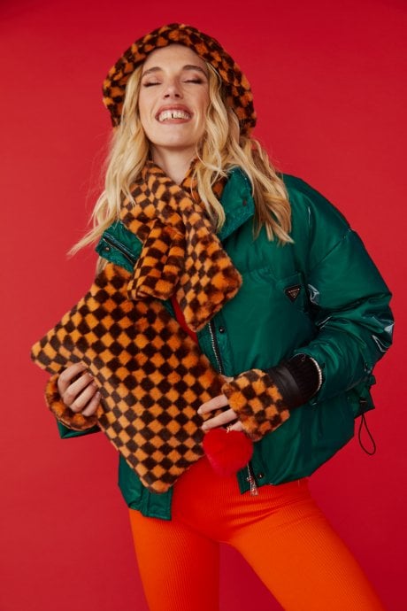 Orange and Black Checkered Luxury Faux Fur Bag