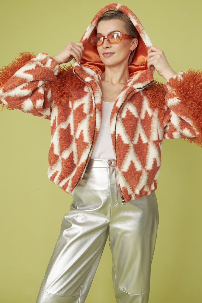 JAYLEY Orange and Cream Shearling Hooded Jacket