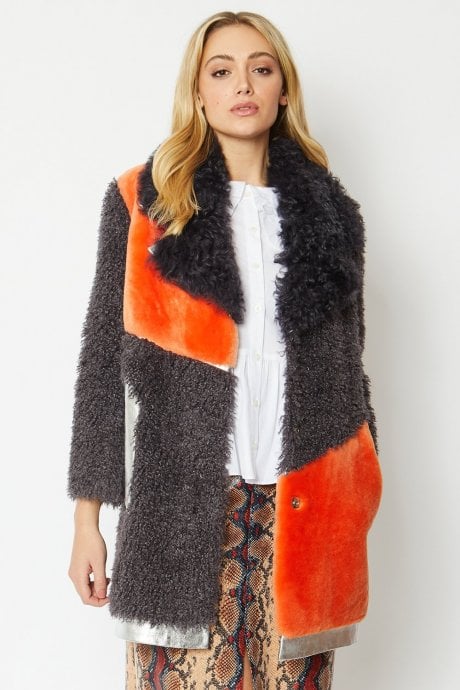 Orange and Purple Shearling Leather Coat