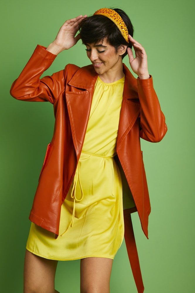 JAYLEY Orange Eco Leather Midi Trench Coat