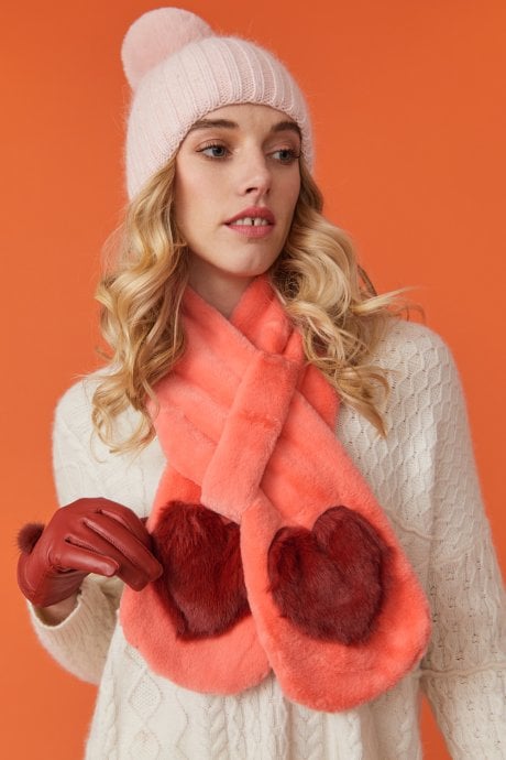Orange Faux Fur Scarf with Heart Embellishments