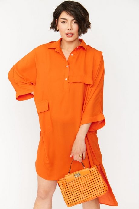 Orange Oversized Loose Fitted Silk Blend Kimono Shirt Dress