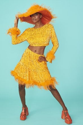 Orange Sequin Cropped Long Sleeve Top with Feather Trim