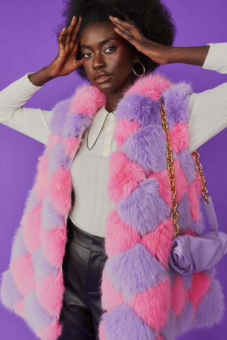 Pink and Purple Faux Fur Block Gilet With Hood