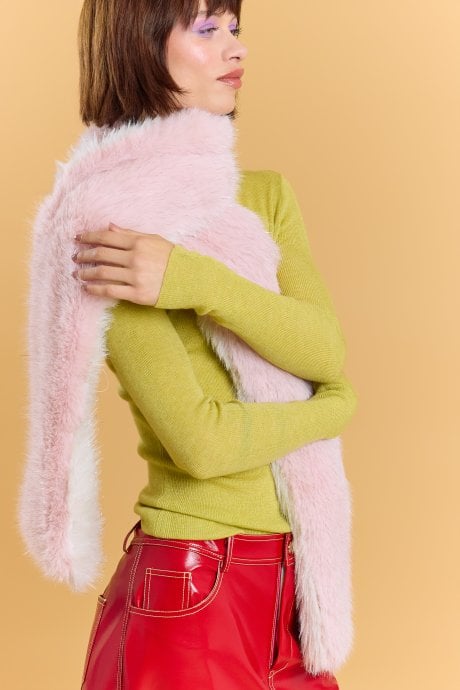 Pink and White Double Sided Metallic Bamboo Daisy Faux Fur Large Scarf