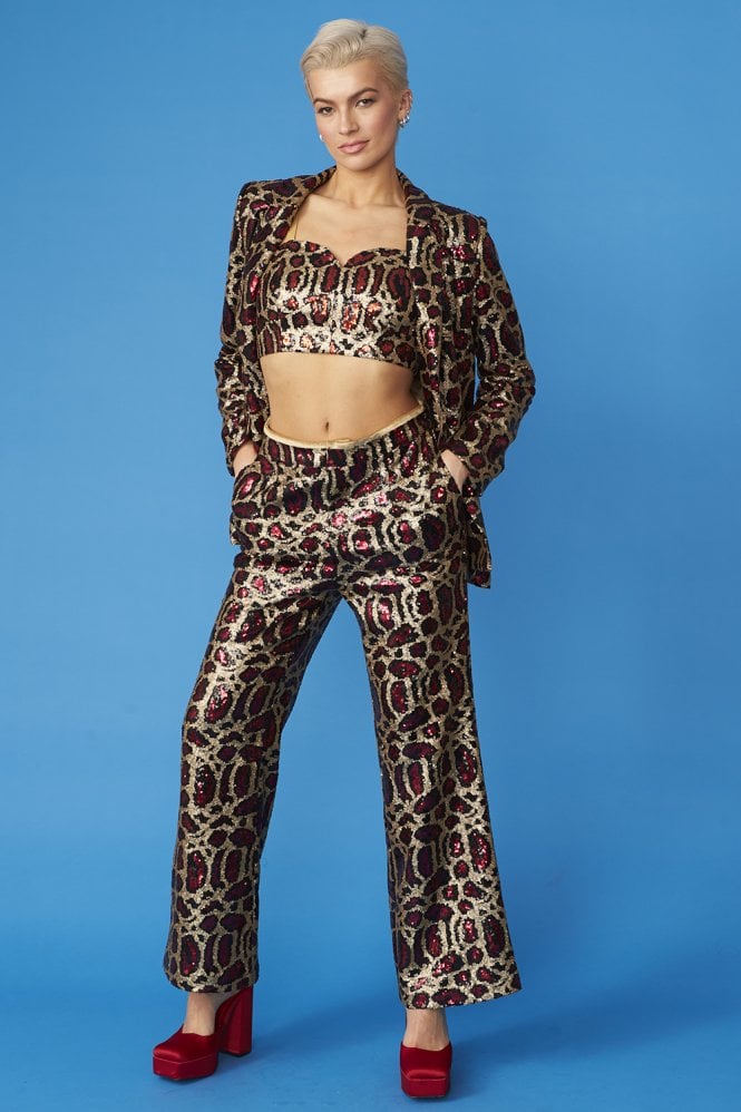 JAYLEY Pink Animal Print Sequin Trousers