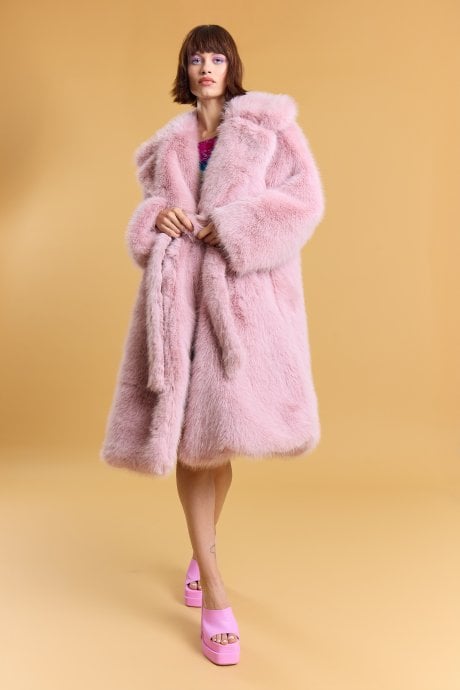 Pink Bamboo Blend Faux Fur Coat
