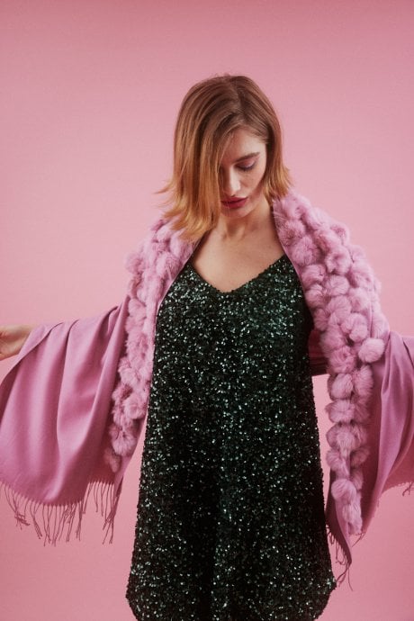 Pink Cashmere and Silk with Coney Fur Pom Pom Wrap