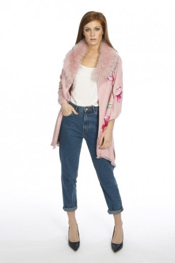 Pink Cashmere Blend Detachable Fox Fur Collar Wrap