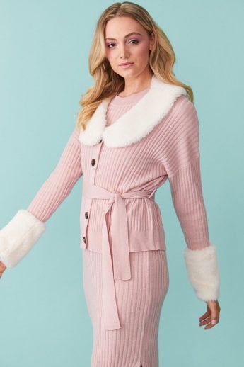 Pink Cashmere Cardigan with Detachable Faux Fur Collar & Cuffs