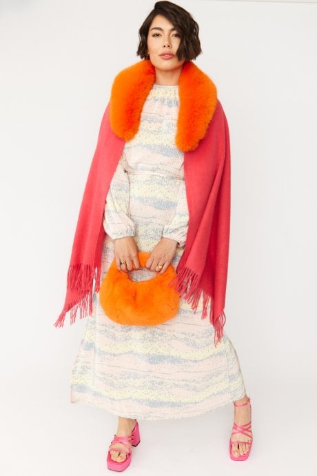 Pink Cashmere Wrap with Faux Fur Trim and Tassels