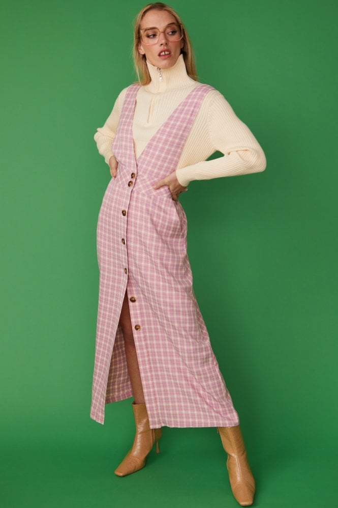 JAYLEY Pink Check Print Maxi Pinafore Dress