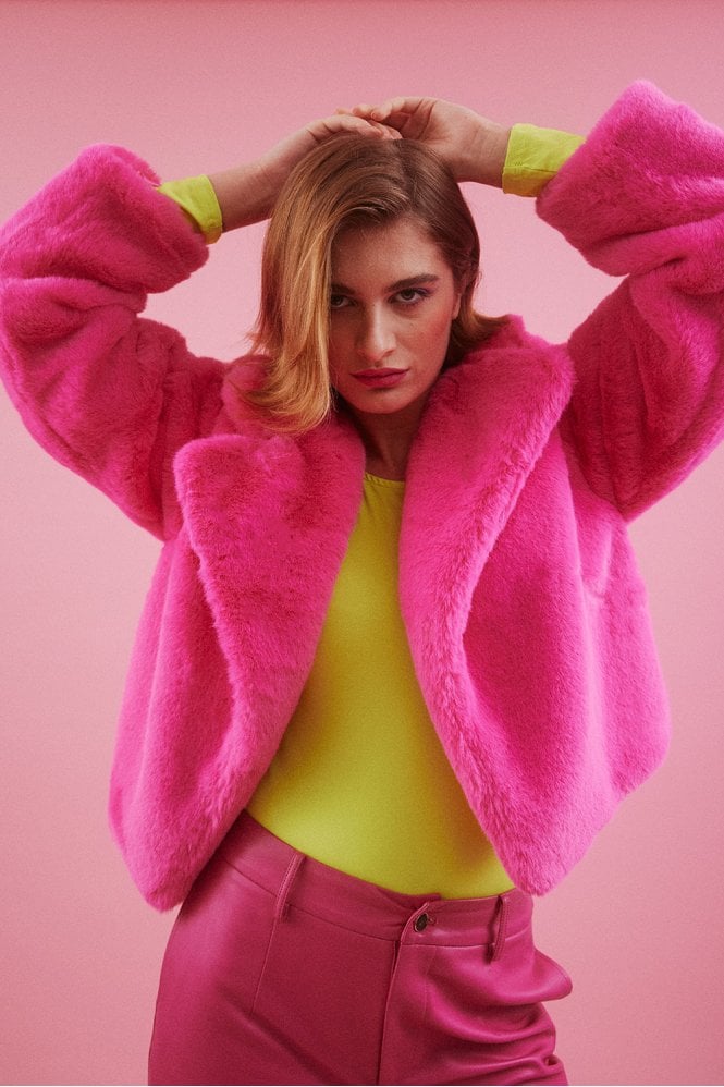 JAYLEY Pink Faux Fur Cropped Coat