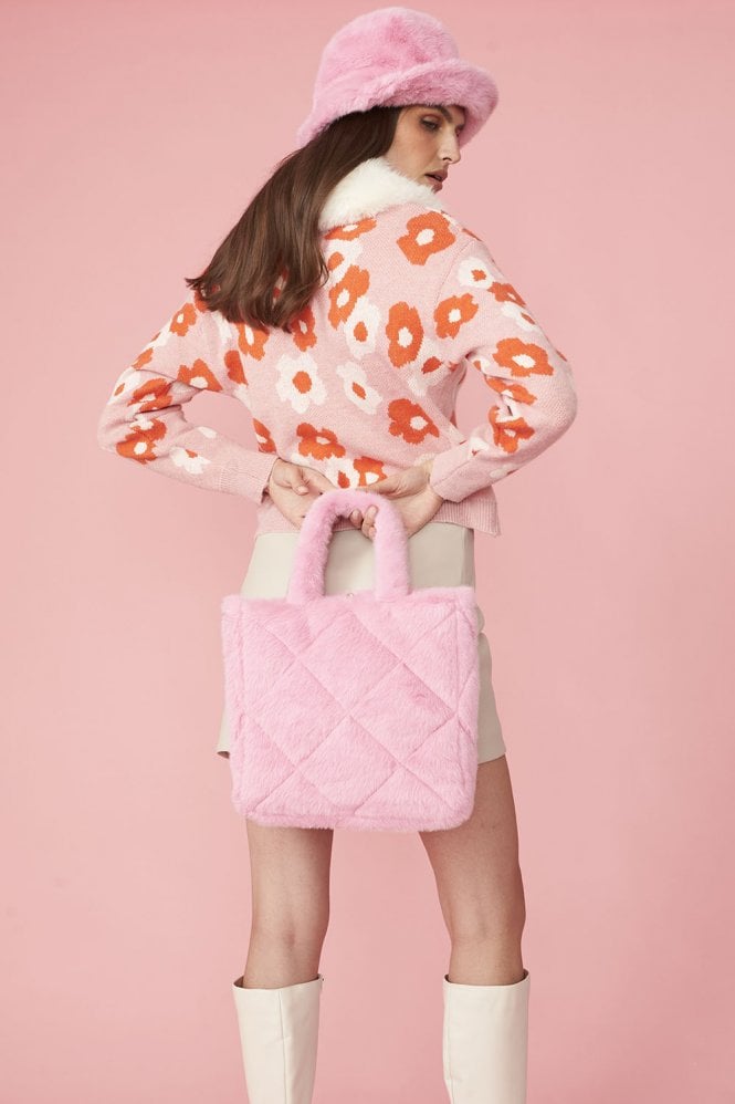 JAYLEY Pink Faux Fur Diamond Stitch Tote Bag