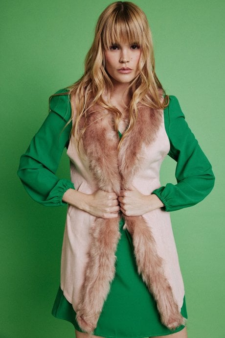 Pink Faux Fur Faux Suede Long Gilet | Waistcoat