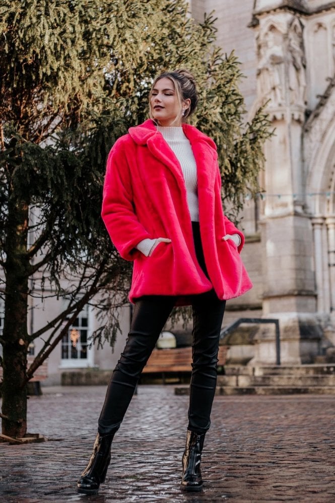 JAYLEY Pink Faux Fur Midi Coat