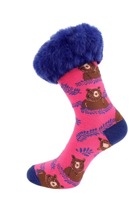 Pink Grizzly Bear Print Faux Fur Trim Socks