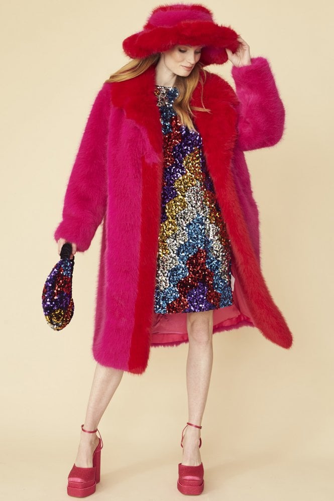 JAYLEY Pink Knitted Bamboo Faux Fur Maxi Coat